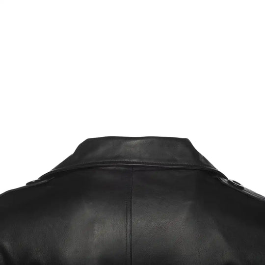 Detailed view of the shoulder back view and smooth, high-grade leather texture on the Reiner overcoat.
