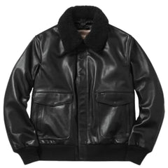 High-quality studio shot of a black A2 Bomber Aviator leather jacket featuring rib-knitted cuffs and a heavy-duty front zipper.