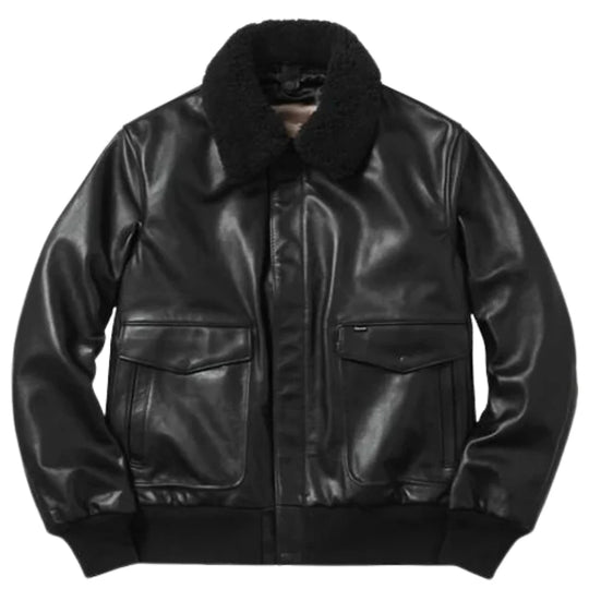 High-quality studio shot of a black A2 Bomber Aviator leather jacket featuring rib-knitted cuffs and a heavy-duty front zipper.