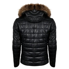 Back view of the Richie leather puffer showing the deep, insulated baffles and the full leather hood for a heavy-duty winter profile.