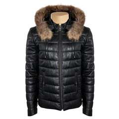 Full-length front view of the Richie hooded winter leather puffer jacket, featuring thick horizontal quilting and a high-zip funnel neck.