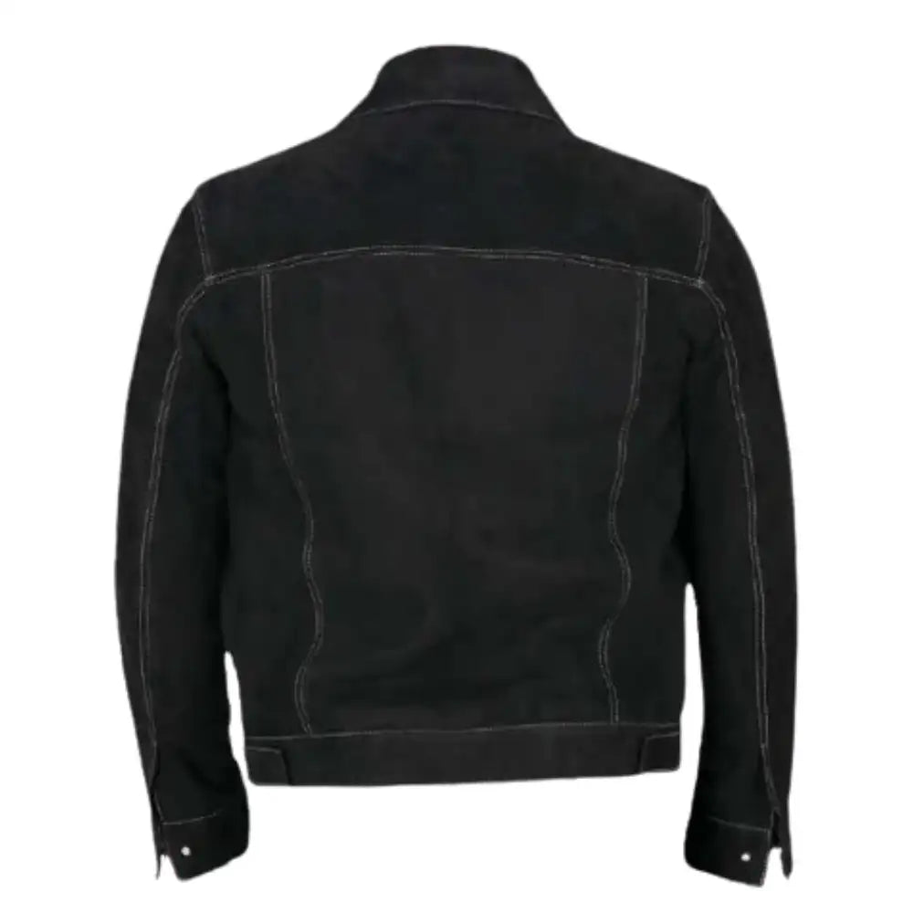 Rear view of River Black suede trucker jacket on a white background
