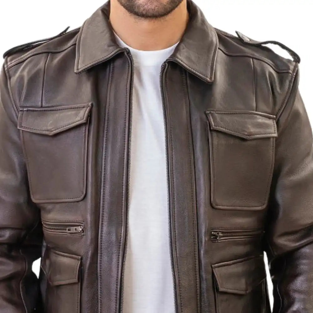 Front view of the River motorcycle jacket in distressed brown leather, featuring an aged patina, central zipper, and a classic four-pocket layout.