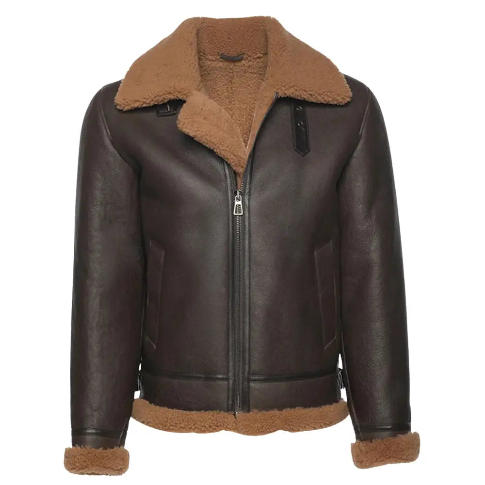 Front view of the Rob Brown B3 Bomber Shearling Jacket, showing the full design with tan shearling trim, zipper closure, and pockets. The jacket is made of premium brown leather.