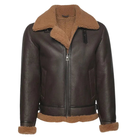 Front view of the Rob Brown B3 Bomber Shearling Jacket, showing the full design with tan shearling trim, zipper closure, and pockets. The jacket is made of premium brown leather.