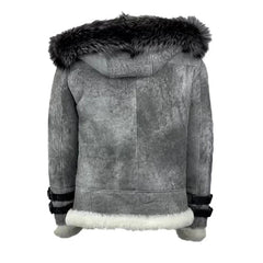 Back view of the Rocco vintage distressed grey aviator bomber jacket with a fur hoodie on back on a white background.