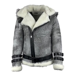 Front view of the Rocco vintage distressed grey aviator bomber jacket, featuring a thick grey shearling collar.