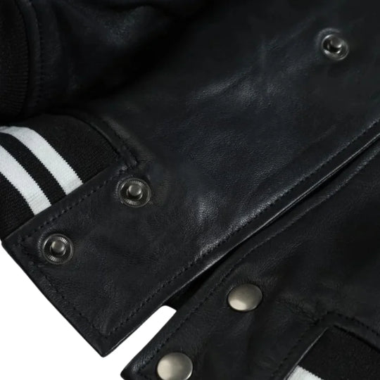 Ryder Black Varsity Style Leather Jacket close up zipper closure on leather varsity jacket