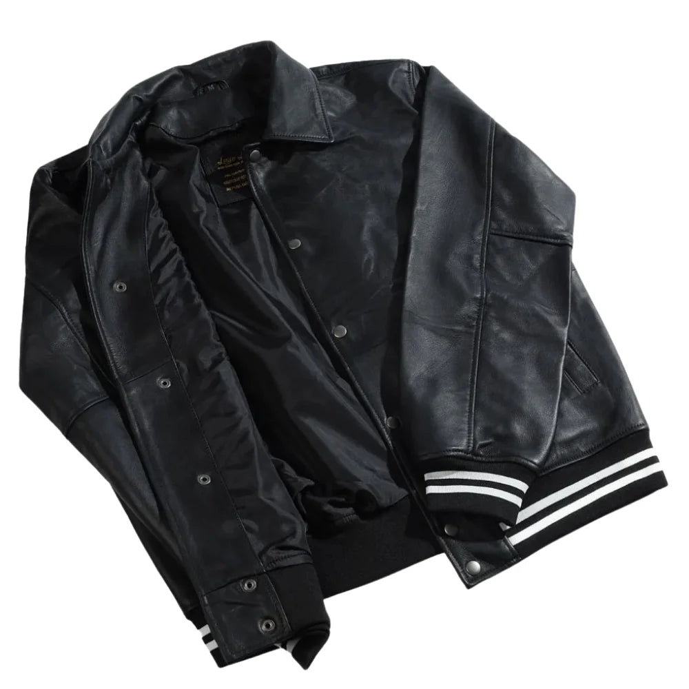 Ryder Black Varsity Style Leather Jacket front profile classic black varsity jacket