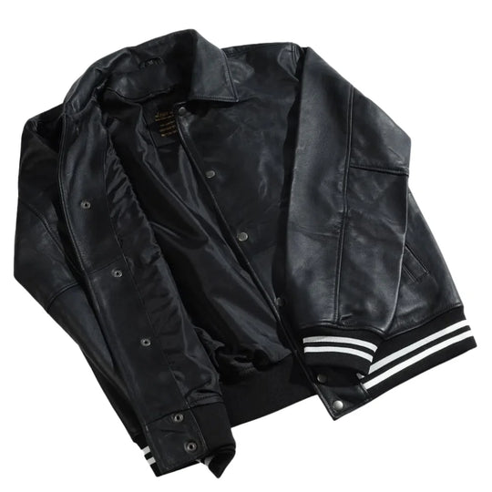 Ryder Black Varsity Style Leather Jacket front profile classic black varsity jacket