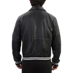 Back view model wearing Ryder Black Varsity Style Leather Jacket