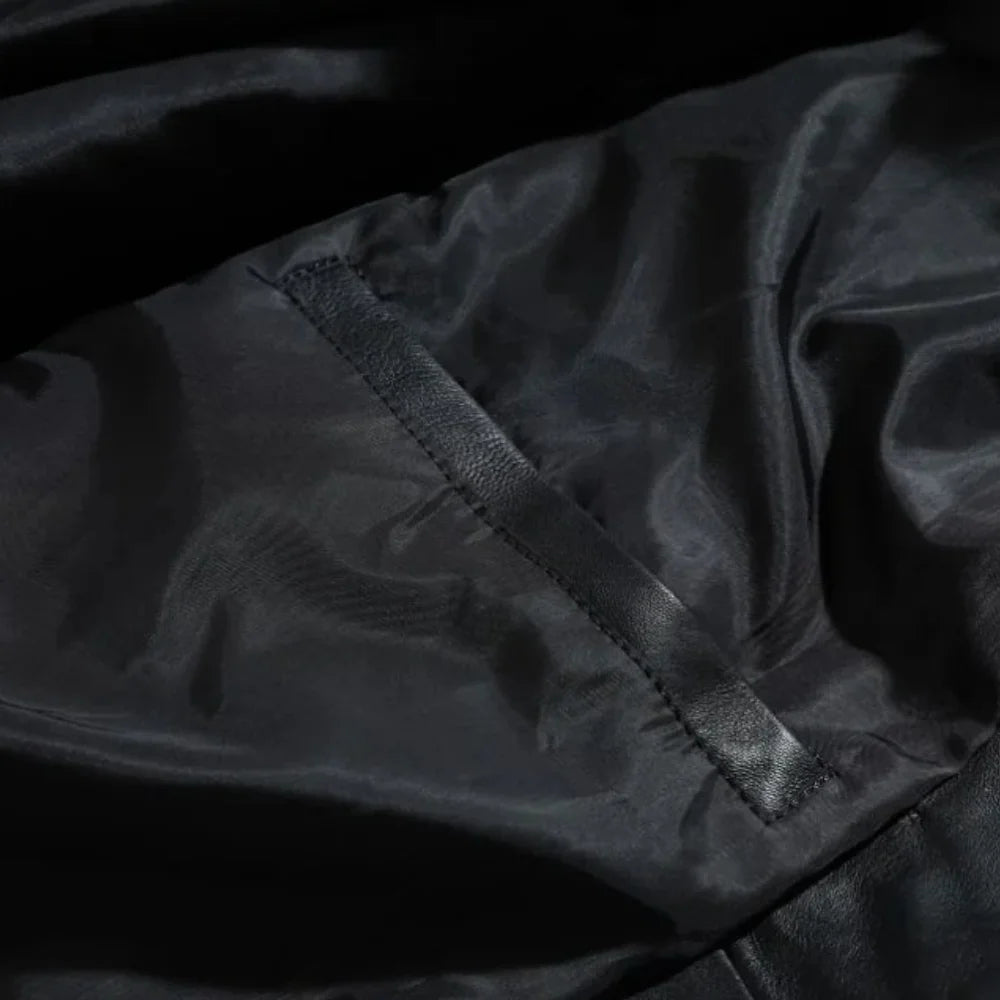 Ryder Black Varsity Style Leather Jacket close up of side pocket on black leather varsity jacket