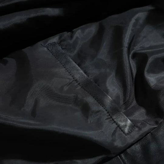 Ryder Black Varsity Style Leather Jacket close up of side pocket on black leather varsity jacket