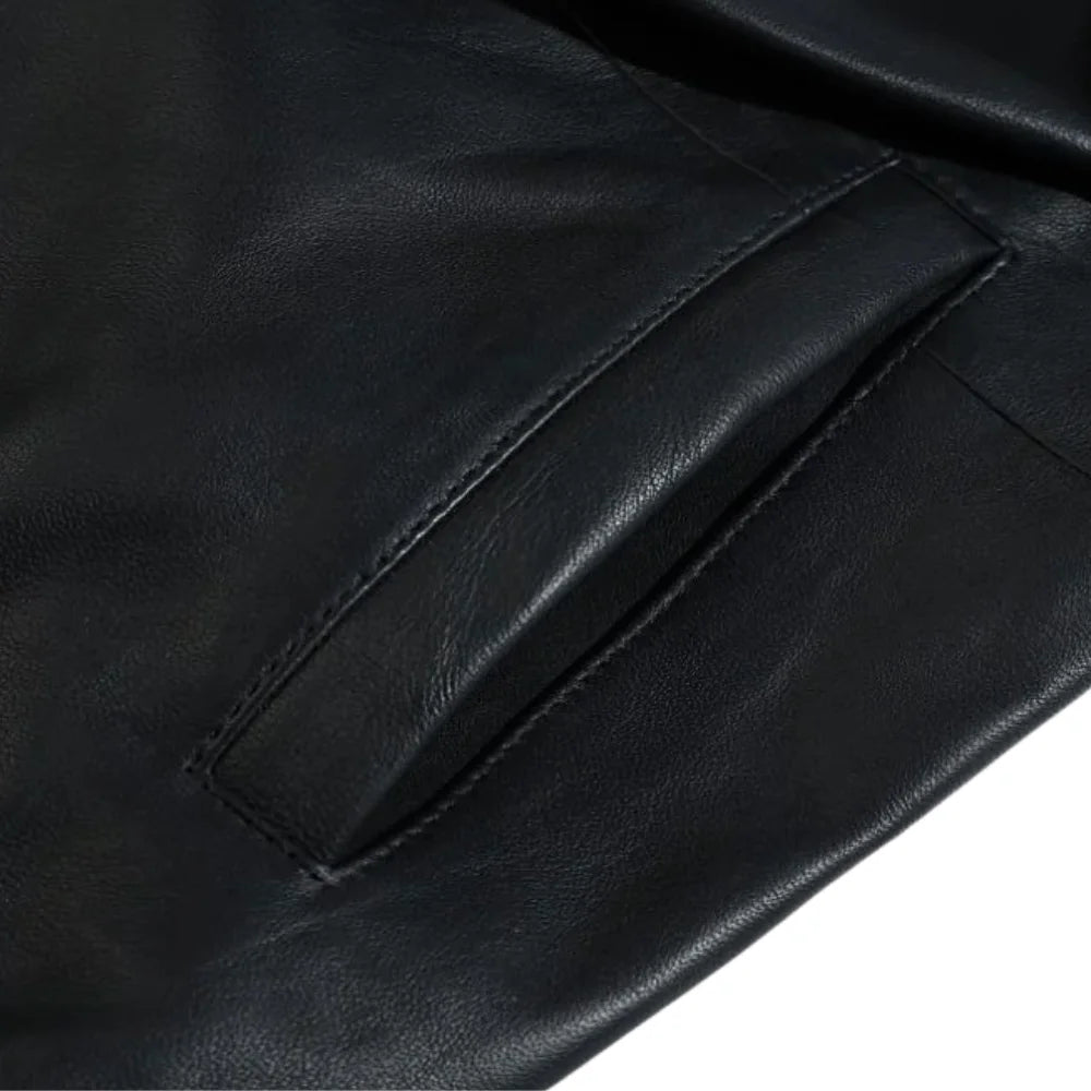 Ryder Black Varsity Style Leather Jacket pocket detail leather varsity jacket design