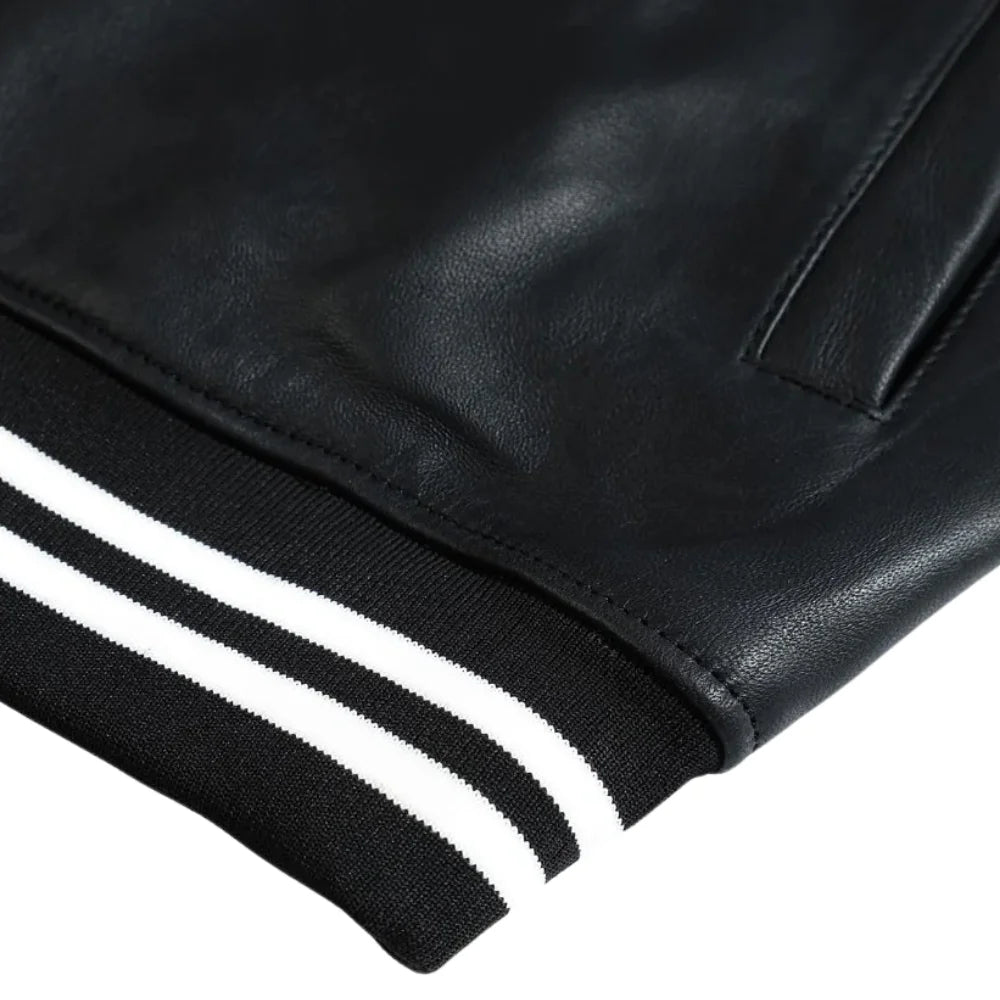 Ryder Black Varsity Style Leather Jacket sleeve cuff detail varsity jacket