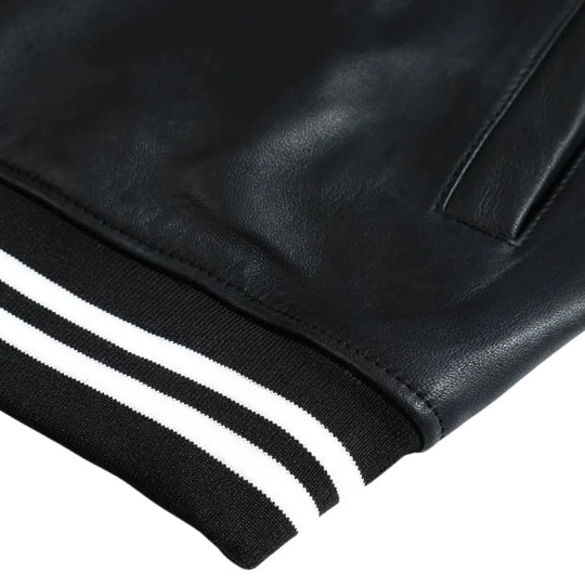 Ryder Black Varsity Style Leather Jacket sleeve cuff detail varsity jacket
