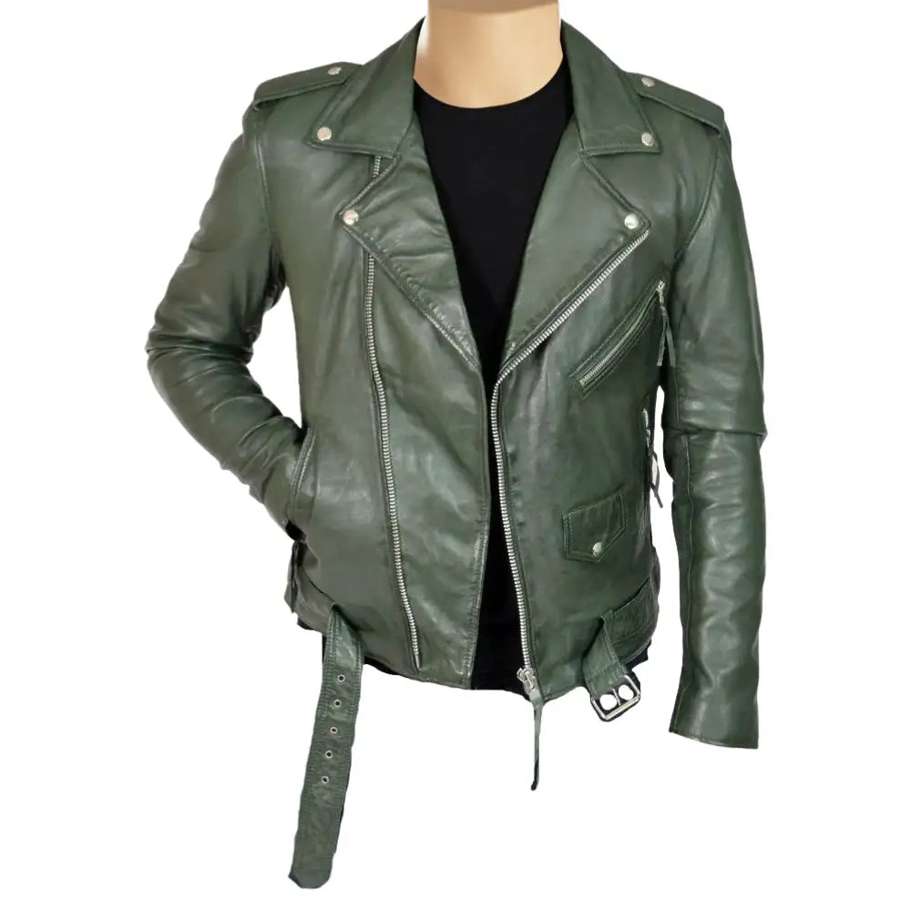 Front view of Sergeant olive green belted leather biker jacket