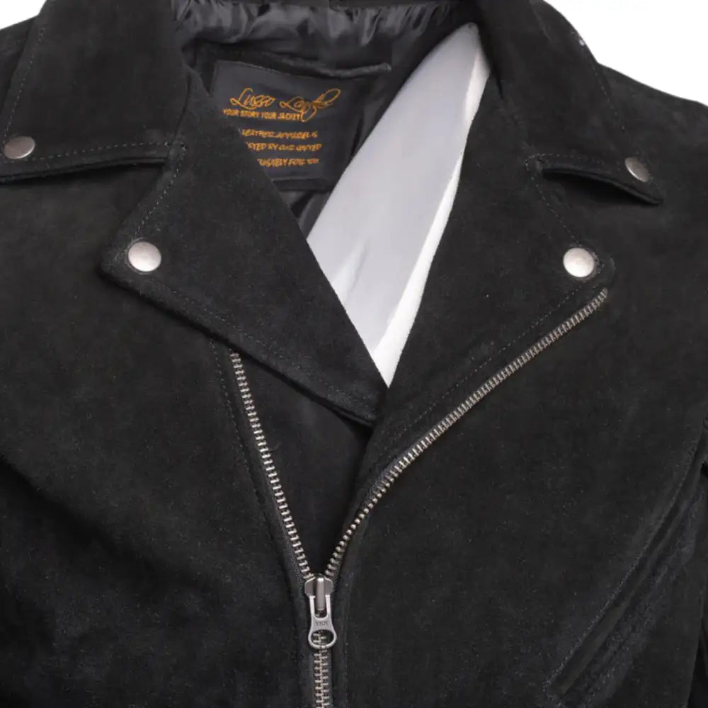 Closeup texture and collar of black suede leather on Silva's Black Suede Leather Biker Jacket