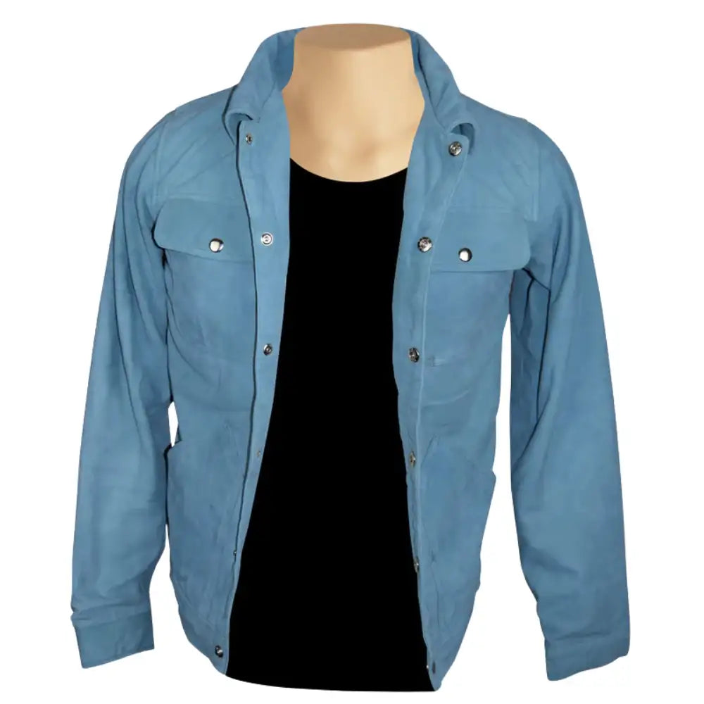 Front open view of sky Blue suede leather shirt on a black shirt with a mannequin on a white background