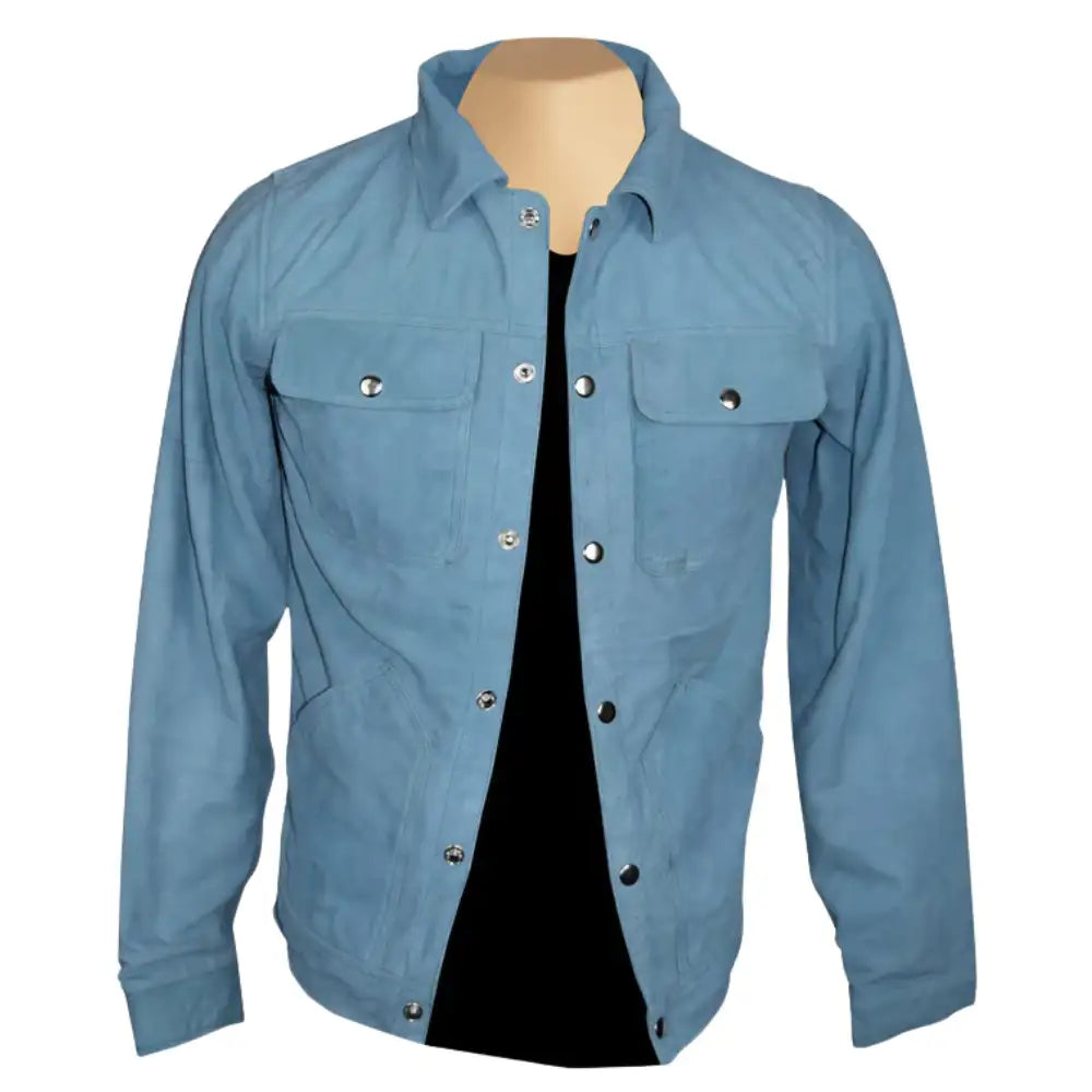 Front view of sky Blue suede leather shirt on a mannequin with a white background