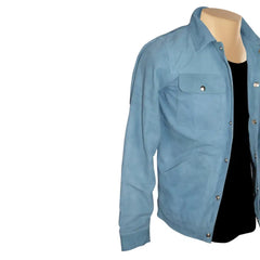 Side view of sky Blue suede leather shirt on a mannequin with a white background