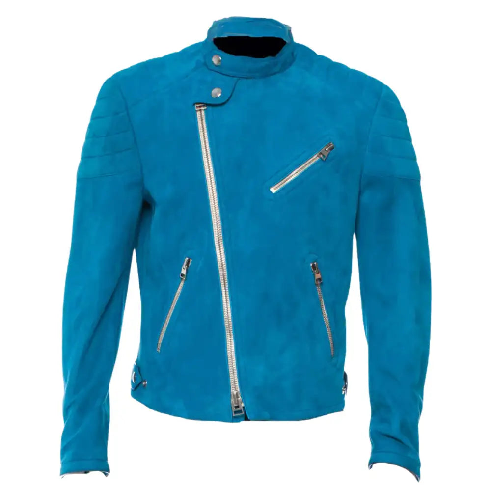 Front view of sky Blue suede leather jacket with snap collar & zippers on a white background.