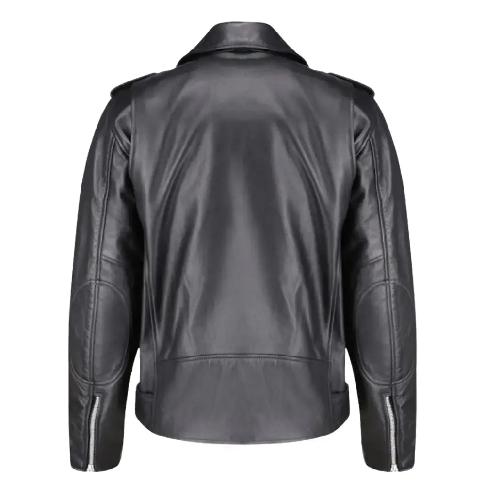 Rear view of the Slim Fit Belted Leather Biker Jacket highlighting the tailored fit across the shoulders and the clean, streamlined back panel.
