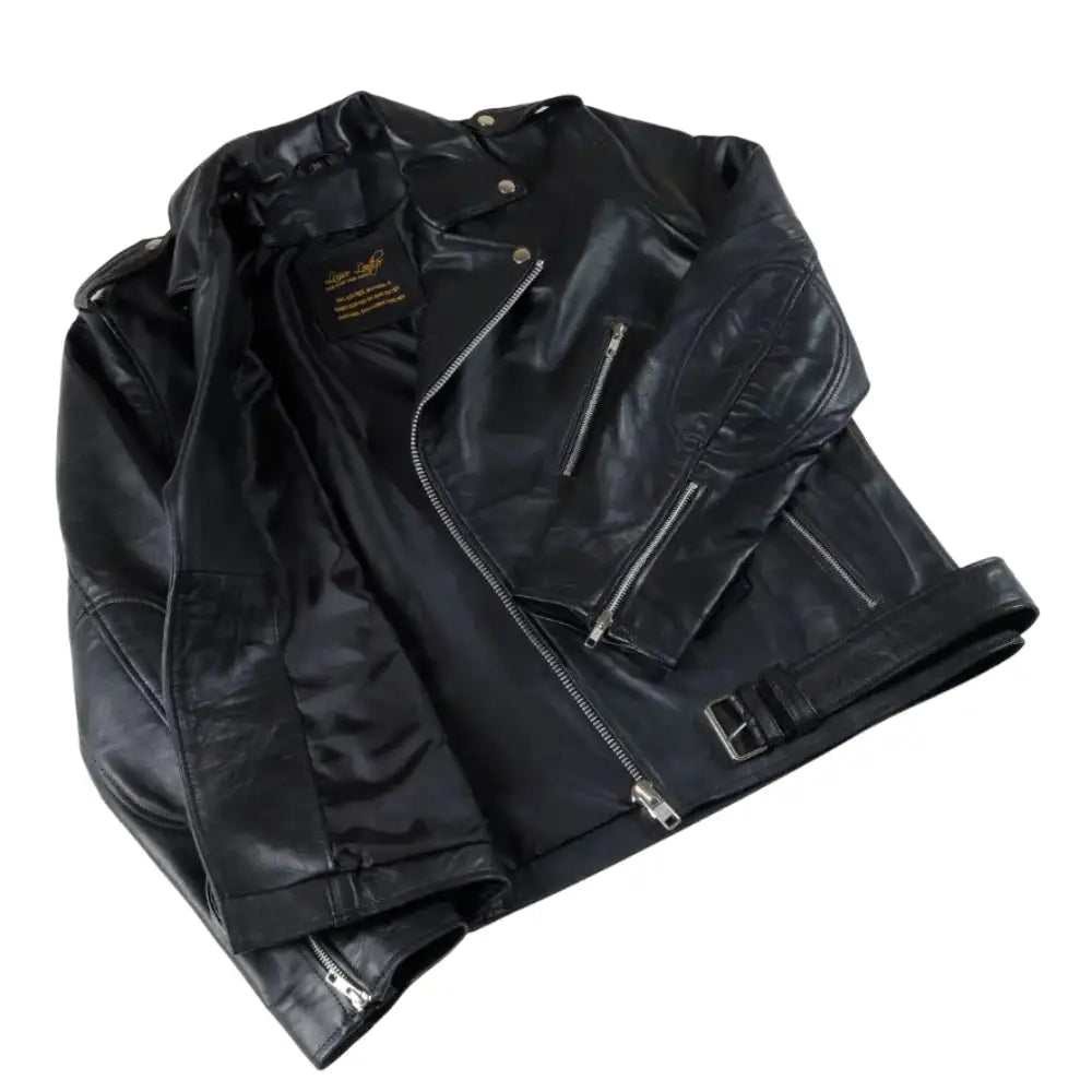 Detailed shot of the fine-grain leather and precision stitching that defines the Slim Fit Belted Leather Biker Jacket and its high-quality hardware.