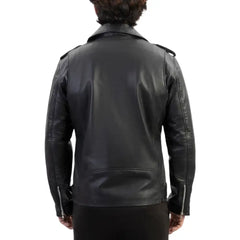 A back view of the model wearing the Slim Fit Belted Leather Biker Jacket, illustrating how the tapered design hugs the body for a modern, fashion-forward biker style.