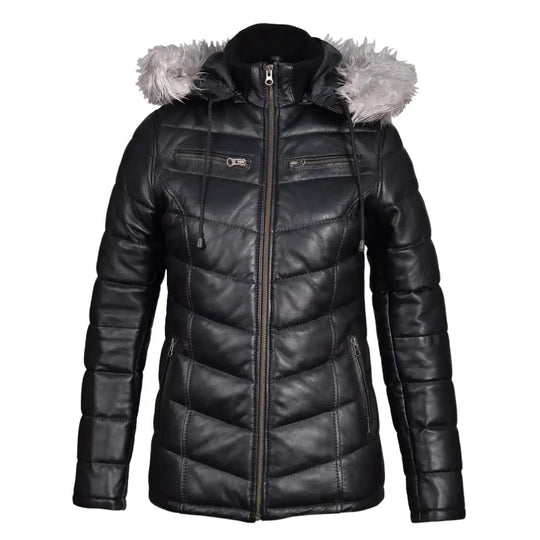 Full front view of Snow’s hooded winter leather puffer jacket, featuring deep horizontal quilting and an insulated, high-neck leather hood.