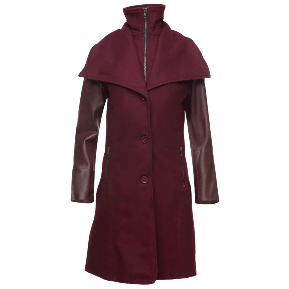 A front-facing full-length view of Sophie's classy burgundy wool blend coat for women, featuring a double-breasted closure with six gold-tone buttons and wide notched lapels.