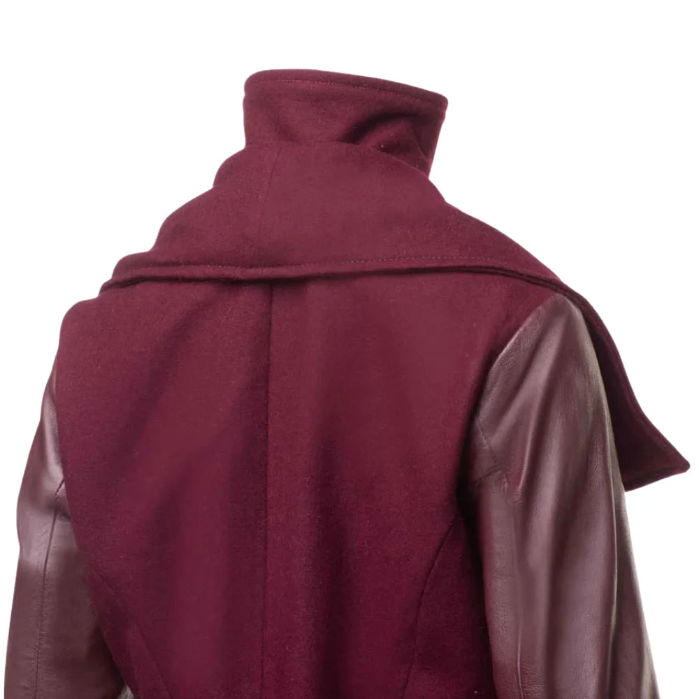 Back shoulder view of Sophie's 3/4 length maroon wool blend coat for women, showing a clean tailored silhouette with leather sleeves on a white background.