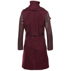 The back view of Sophie's 3/4 length burgundy wool blend coat, displaying a clean, minimalist tailored design with a single central vent at the hem.