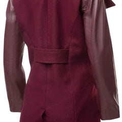 Back view of Sophie's 3/4 length maroon wool blend coat for women, showing a clean tailored silhouette with a central seam and a single walking vent at the hem.