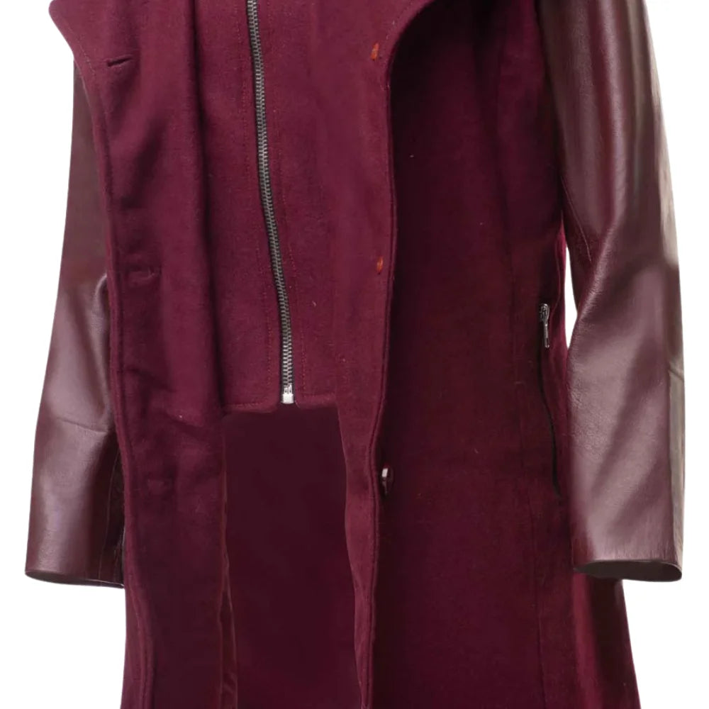 Front open view of a women's maroon wool blend coat on a white background, showcasing the smooth matching satin interior lining and the leather sleeves on a white background.