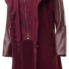 Front open view of a women's maroon wool blend coat on a white background, showcasing the smooth matching satin interior lining and the leather sleeves on a white background.