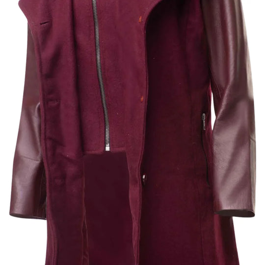 Front open view of a women's maroon wool blend coat on a white background, showcasing the smooth matching satin interior lining and the leather sleeves on a white background.