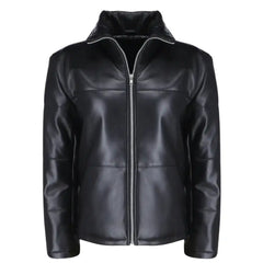 Front view of the Sorine women’s black leather puffer jacket, featuring a slim-fit quilted design and a high stand-up collar.