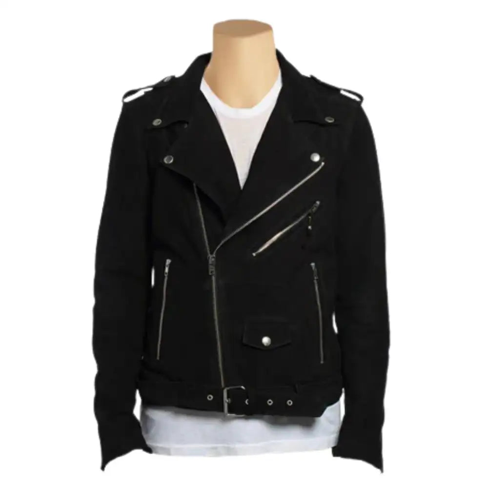 Front profile of premium suede belted leather biker jacket