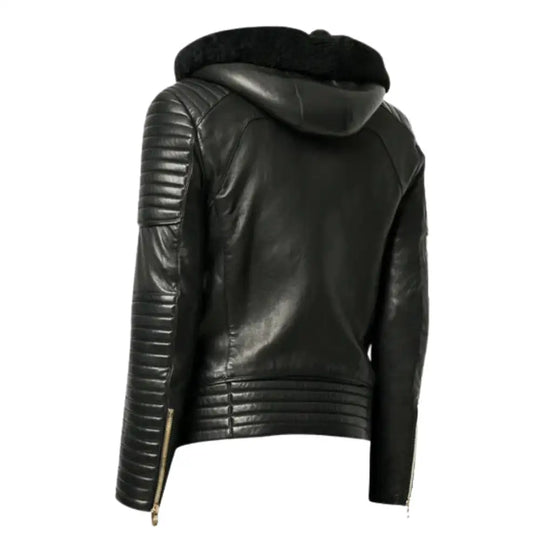 Back side of Sundown Fur Hooded Leather Biker Jacket showing smooth leather panels