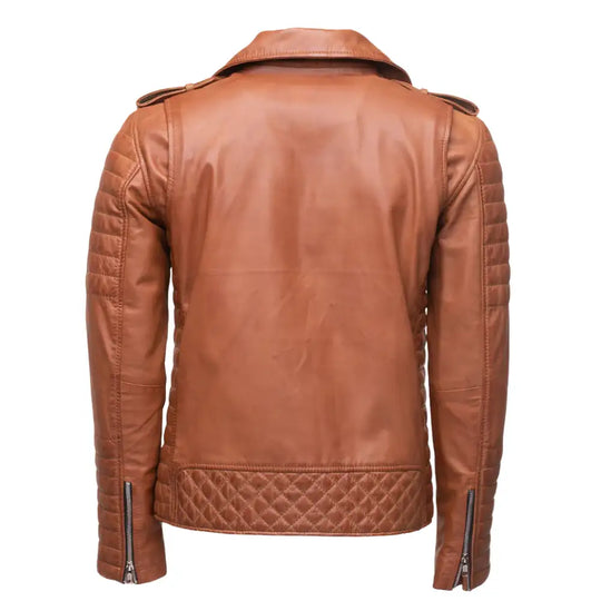 Back view of Tan Quilted Leather Biker Jacket highlighting quilted panel design