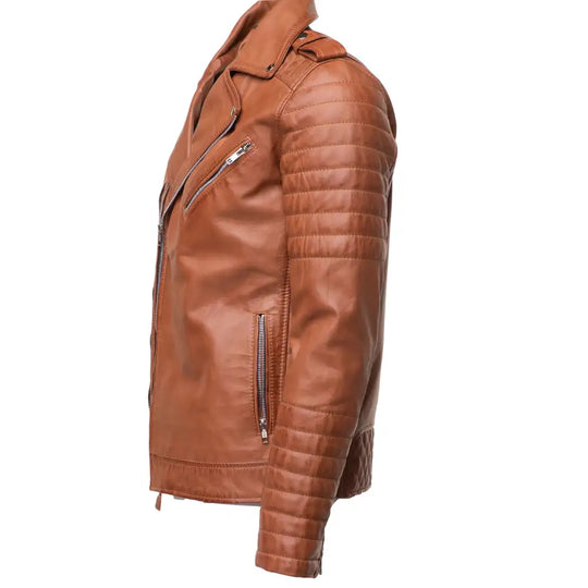 Side view of Tan Quilted Leather Biker Jacket showing tailored biker silhouette
