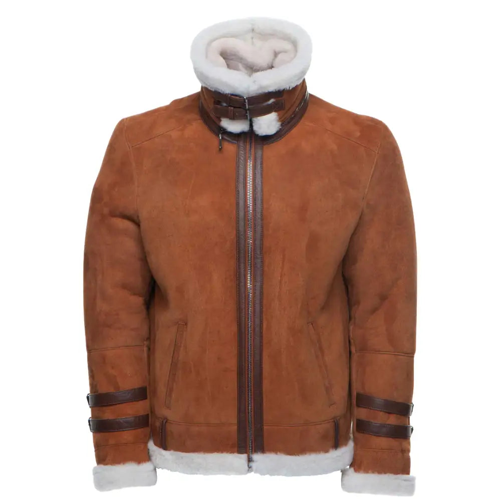 Close-up of the texture of Hagan's Tan Suede Leather Aviator Bomber Jacket with cream sheepskin shearling. The high-quality suede material is soft and smooth, contrasted by the plush, fluffy shearling lining that provides warmth and style.