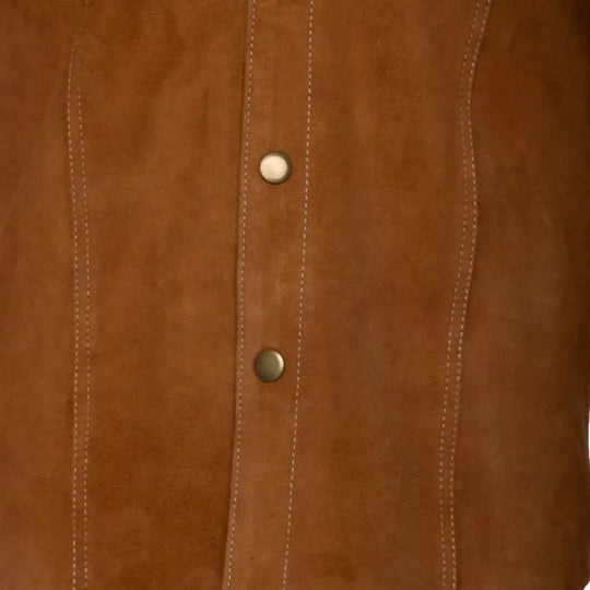 Close-up of a tan suede leather jacket with button details