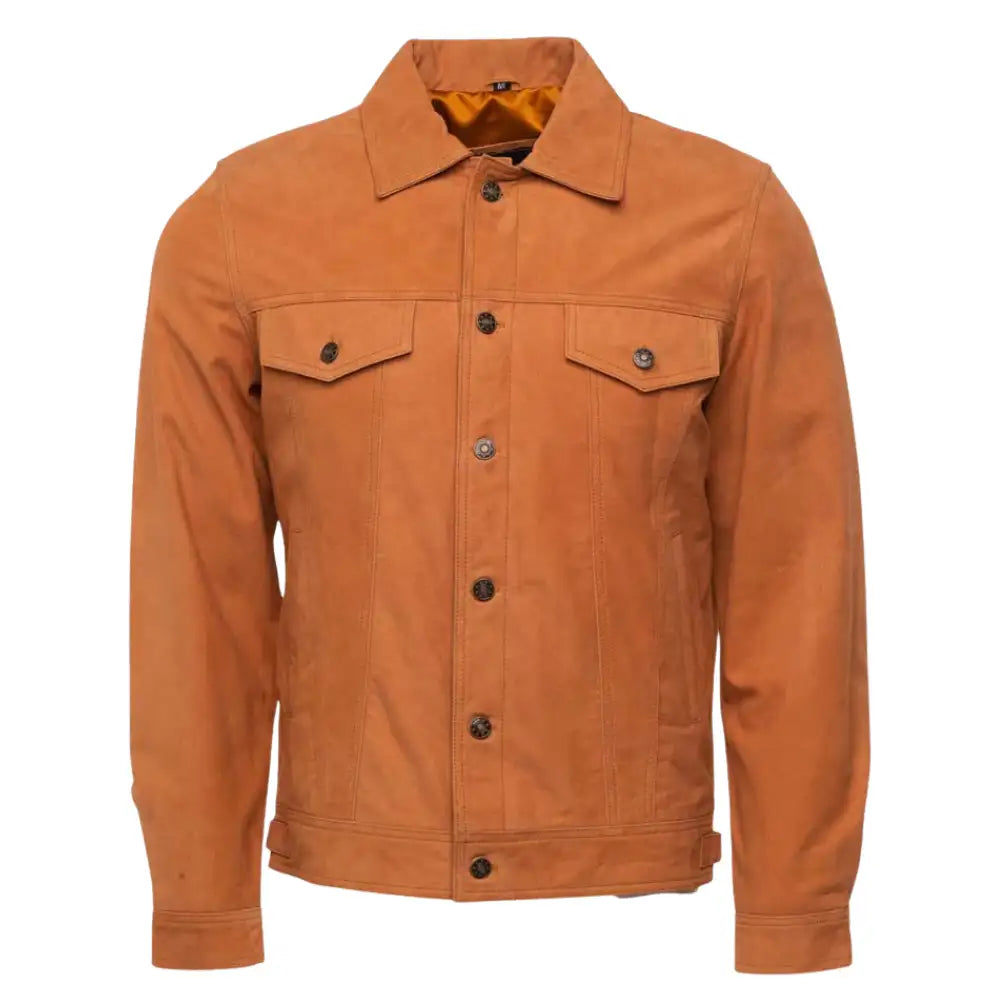 Front view of tan Brown suede trucker leather jacket with button details on a white background