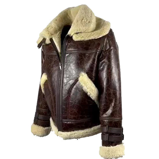 Side profile view of Terry Gretzky Vintage Oxblood bomber jacket with double collar with fur lining on a white background