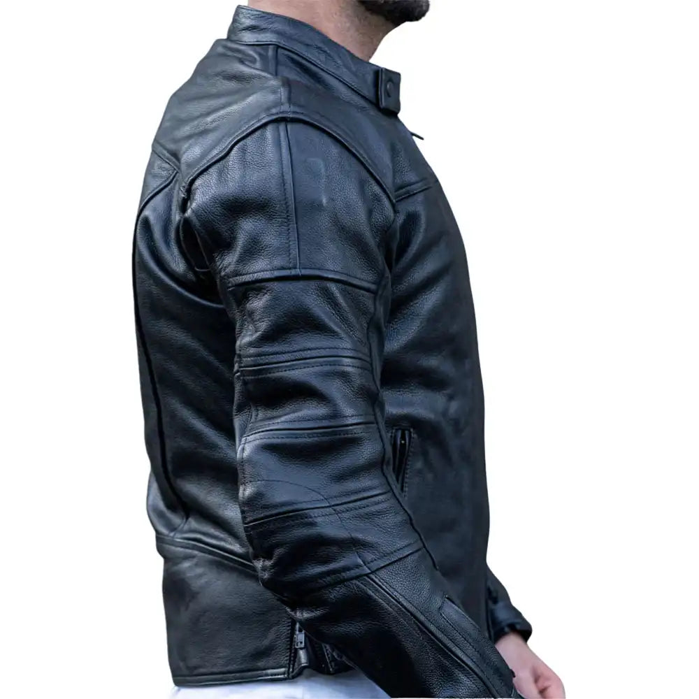 Side view showing the aerodynamic speed hump and extensive accordion stretch panels for maximum mobility in a racing tuck.