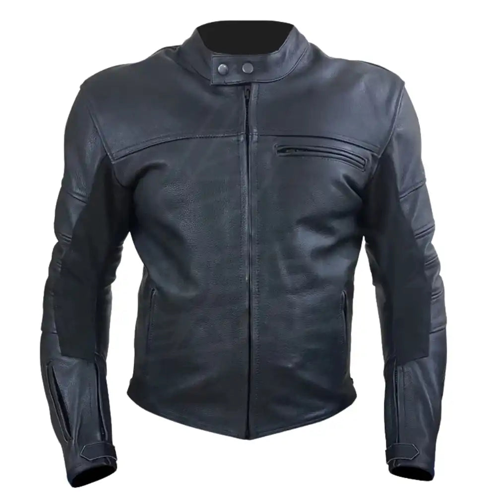 Full front view of The Real Racer black leather jacket, featuring an aggressive pre-curved racing fit and external TPU shoulder sliders.