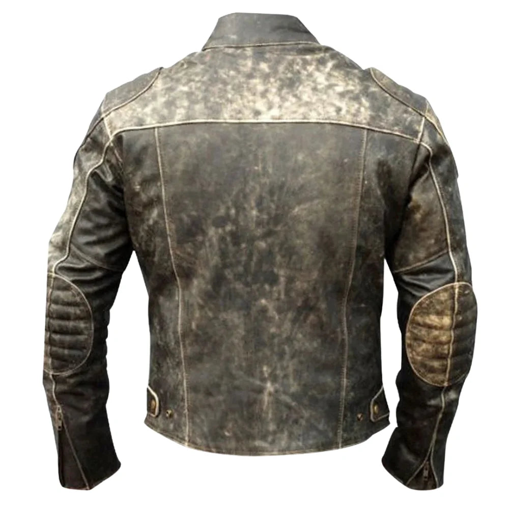 Theon's Distressed Leather Jacket With Shoulder Patch back view distressed leather jacket