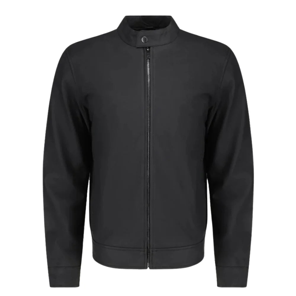 Tory Matte Black Cafe Racer Jacket front view matte black leather cafe racer jacket with minimalist design